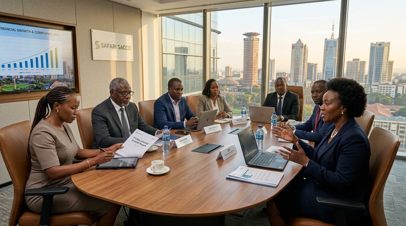 Kenyan SACCO executive boardroom meeting in Nairobi discussing SASRA prudential governance